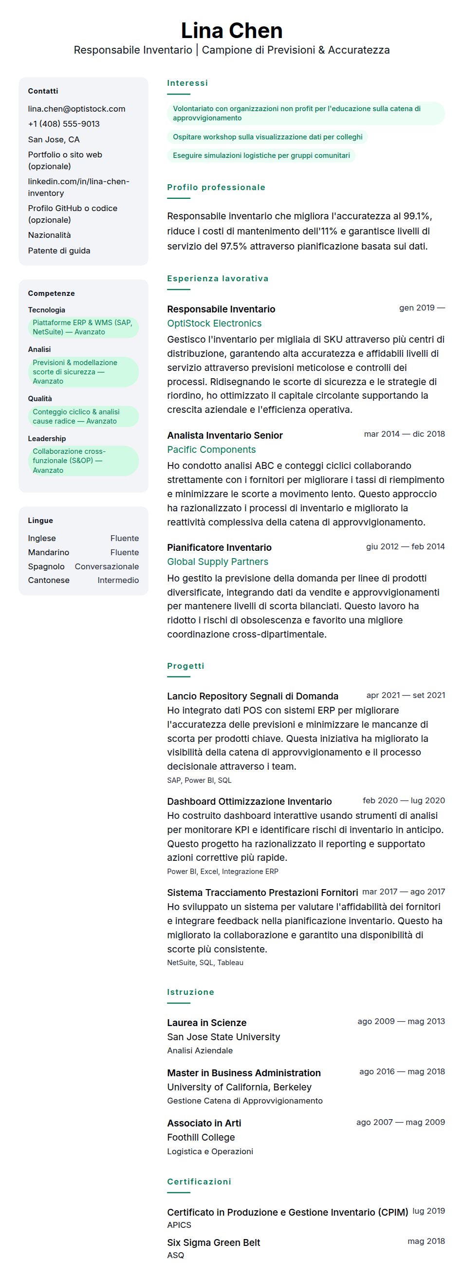 Esempio di Curriculum Responsabile Inventario