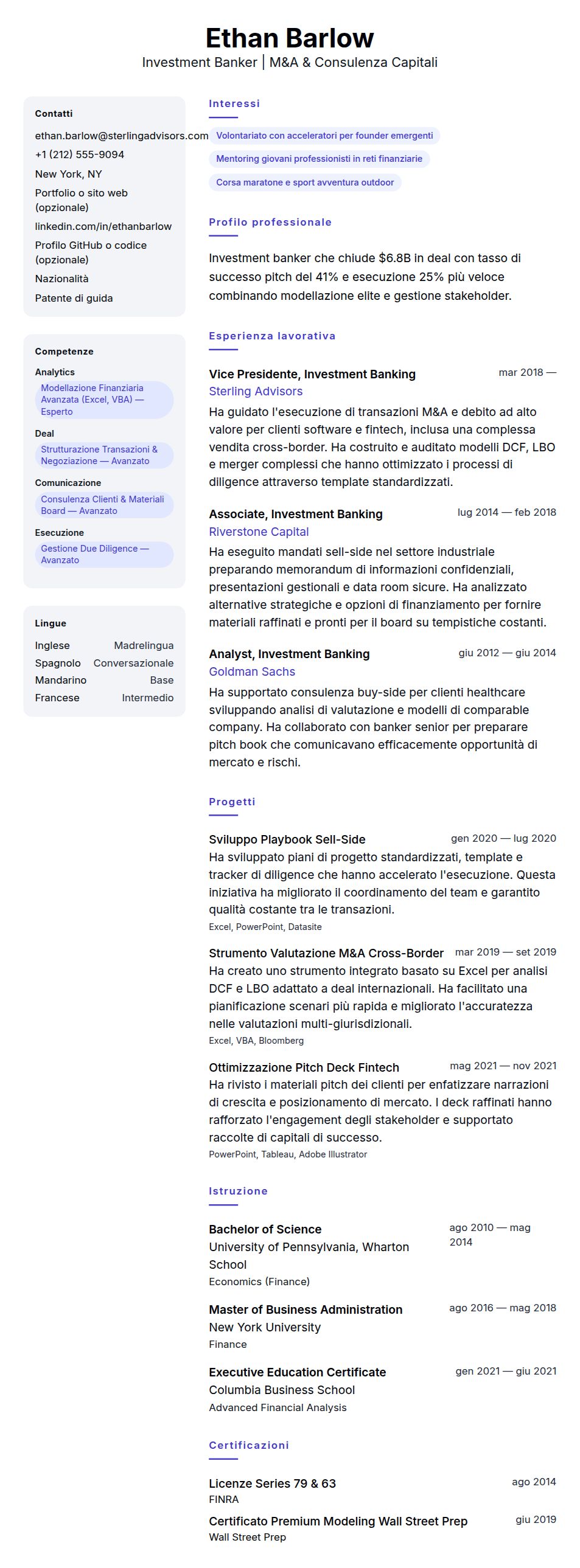 Esempio di Curriculum Investment Banker