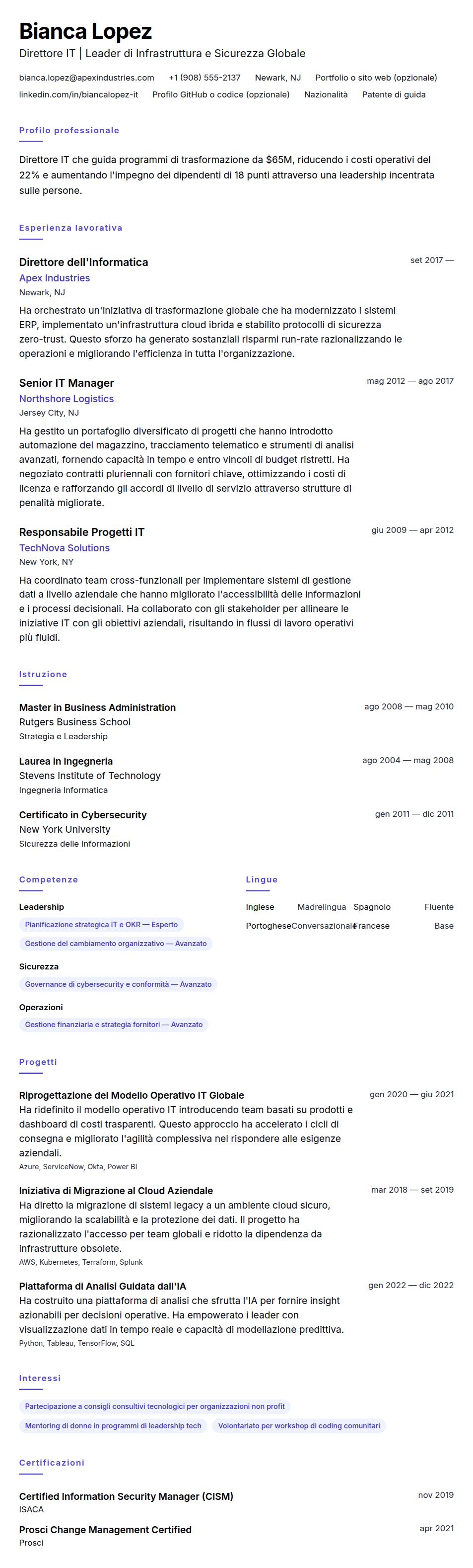 Anteprima del curriculum Esempio di Curriculum Vitae per Direttore IT