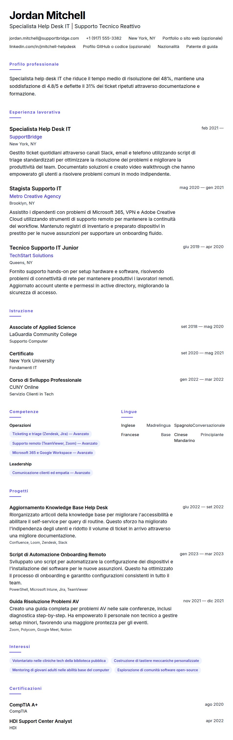 Anteprima del curriculum Esempio di Curriculum per Help Desk IT