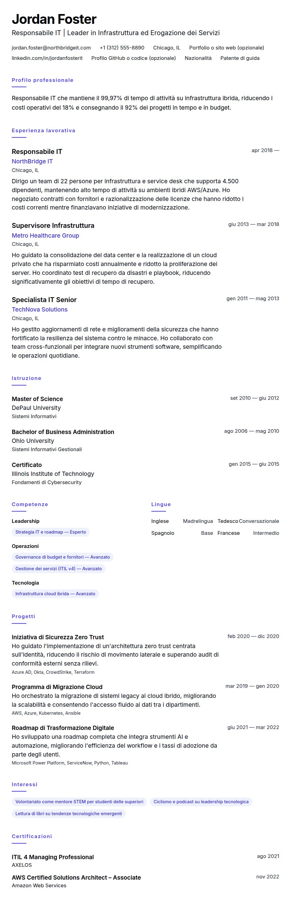 Anteprima del curriculum Esempio di Curriculum Responsabile IT