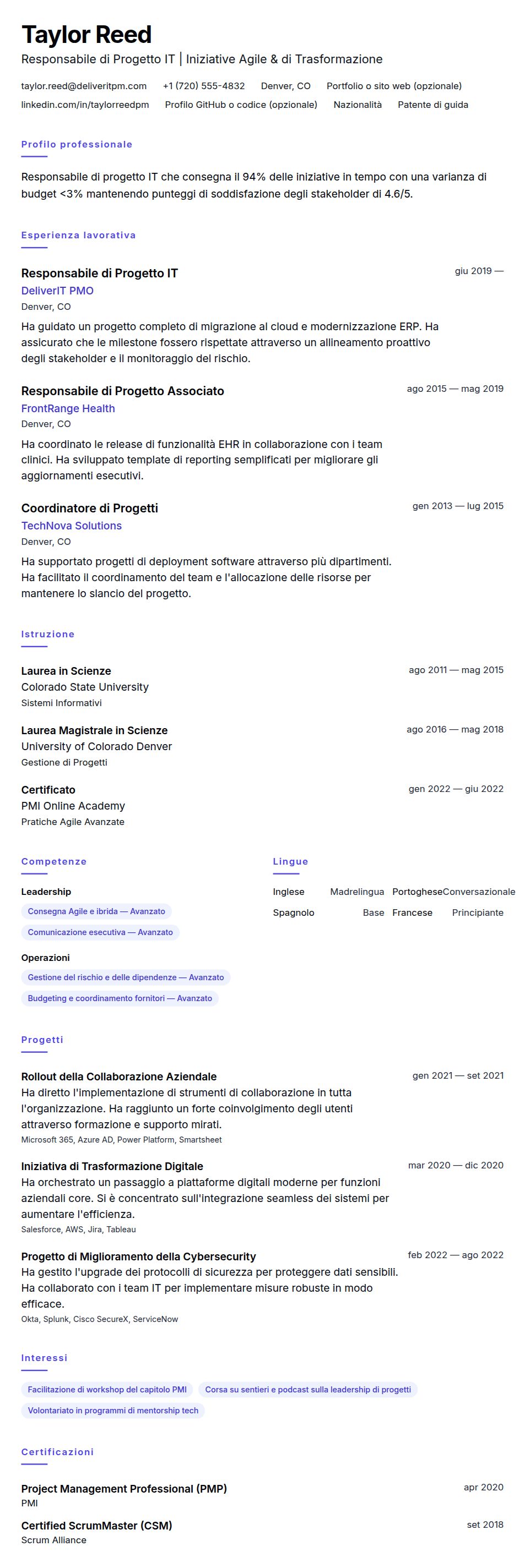 Anteprima del curriculum Esempio di Curriculum per Responsabile di Progetto IT