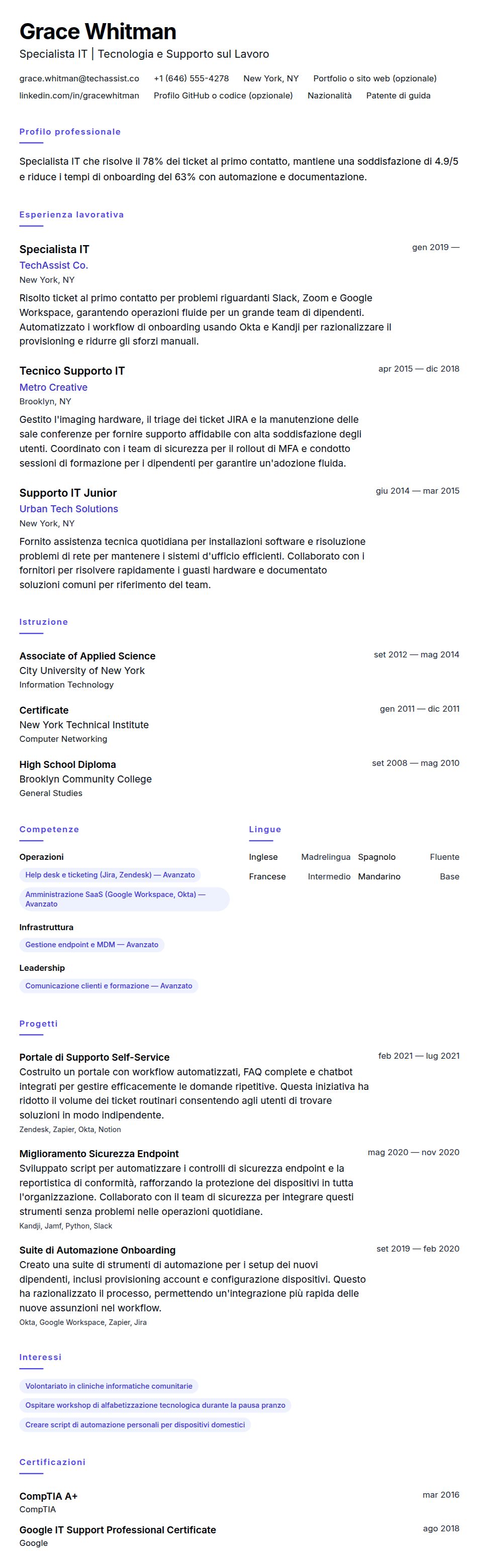 Anteprima del curriculum Esempio di Curriculum Specialista IT