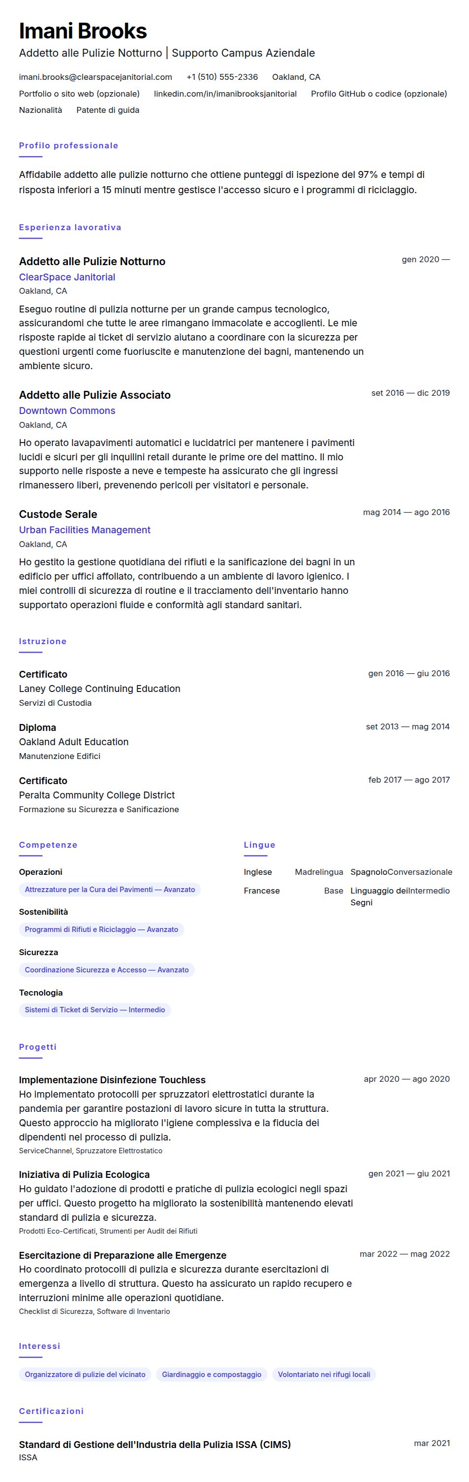 Esempio di Curriculum per Addetto alle Pulizie