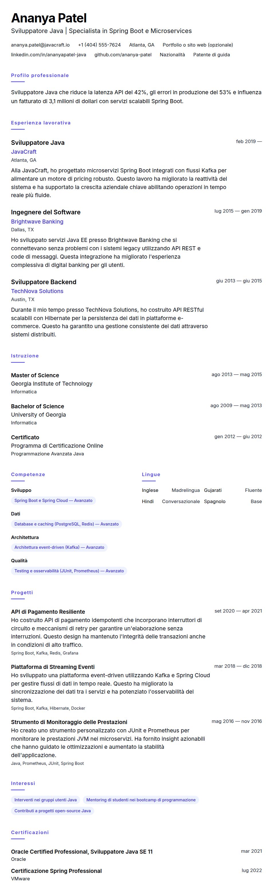 Anteprima del curriculum Esempio di Curriculum Sviluppatore Java