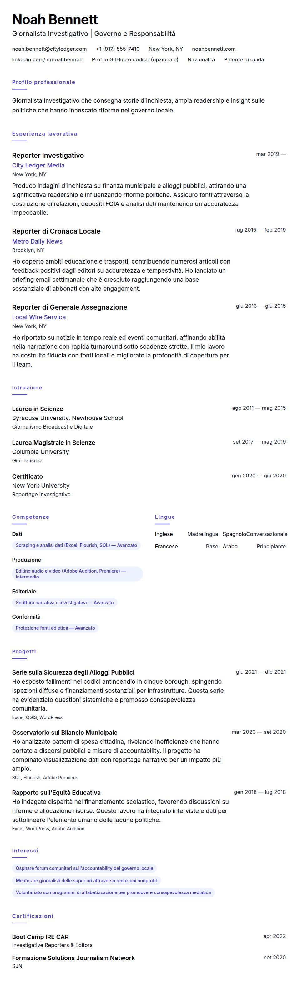 Anteprima del curriculum Esempio di Curriculum Vitae Giornalista