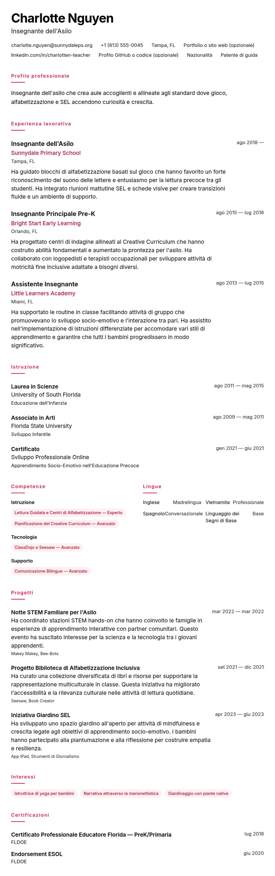 Anteprima del curriculum Esempio di Curriculum per Insegnante dell'Asilo