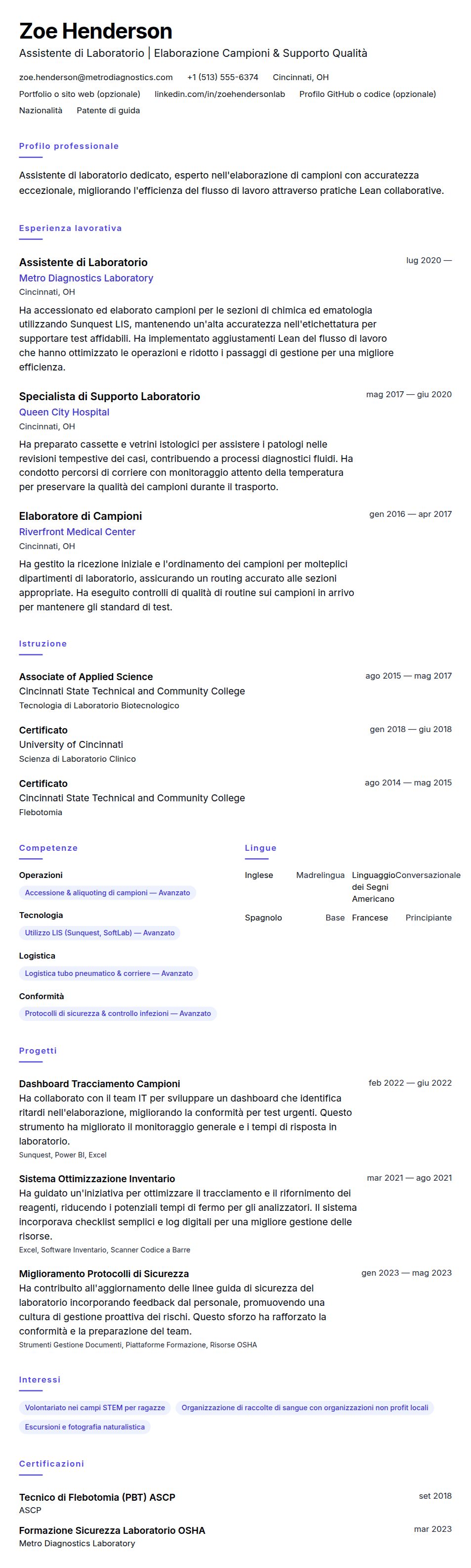 Anteprima del curriculum Esempio di Curriculum per Assistente di Laboratorio