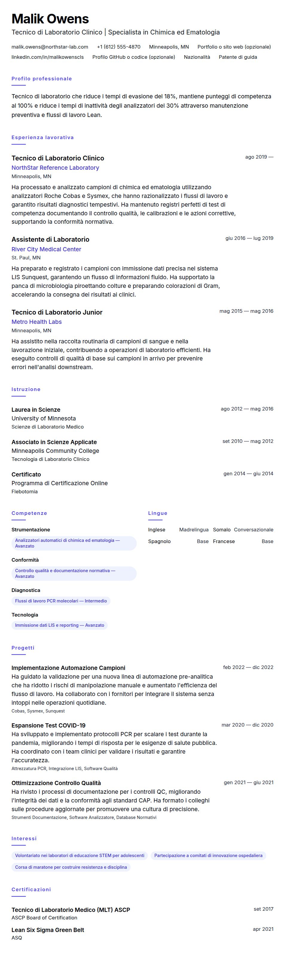 Anteprima del curriculum Esempio di Curriculum Tecnico di Laboratorio