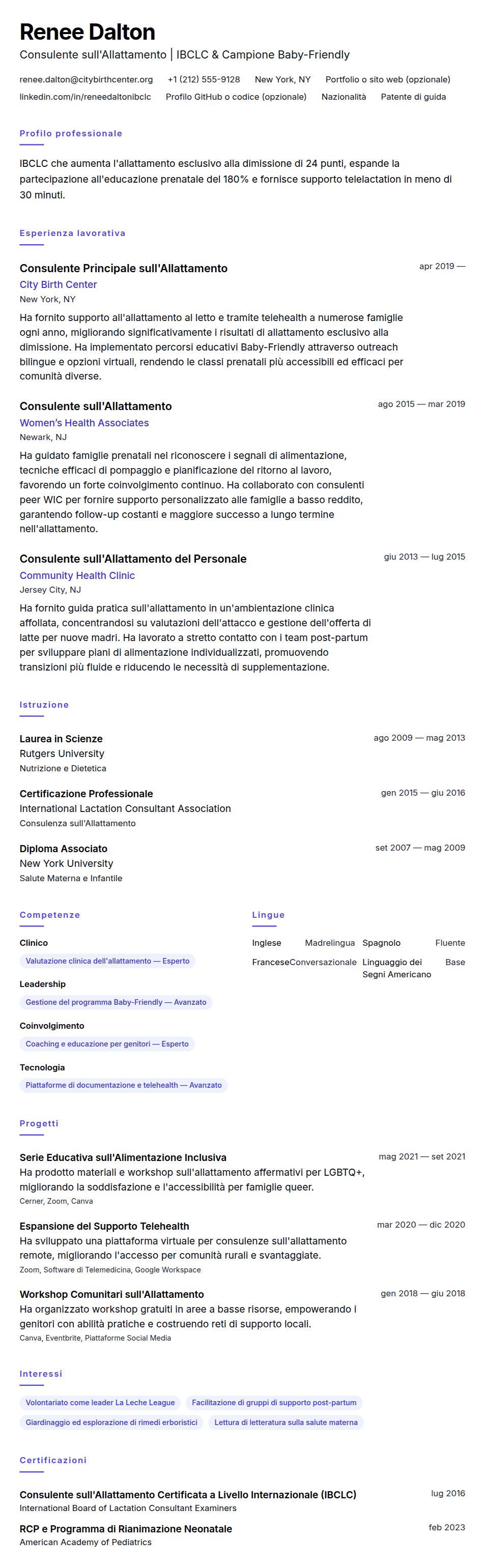 Anteprima del curriculum Esempio di Curriculum per Consulente sull'Allattamento