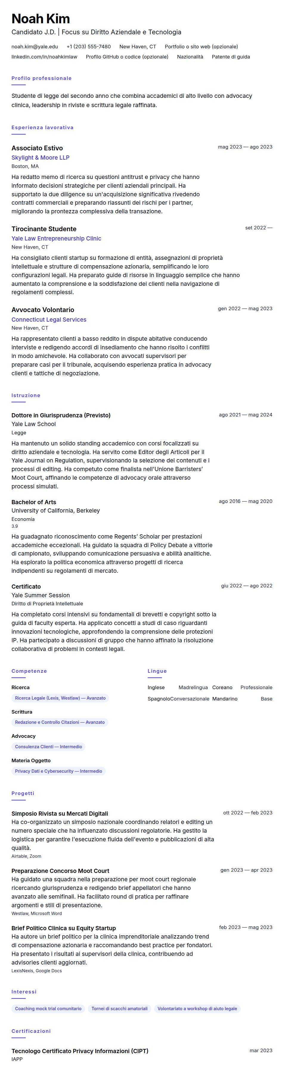 Esempio di Curriculum Studente di Scuola di Legge