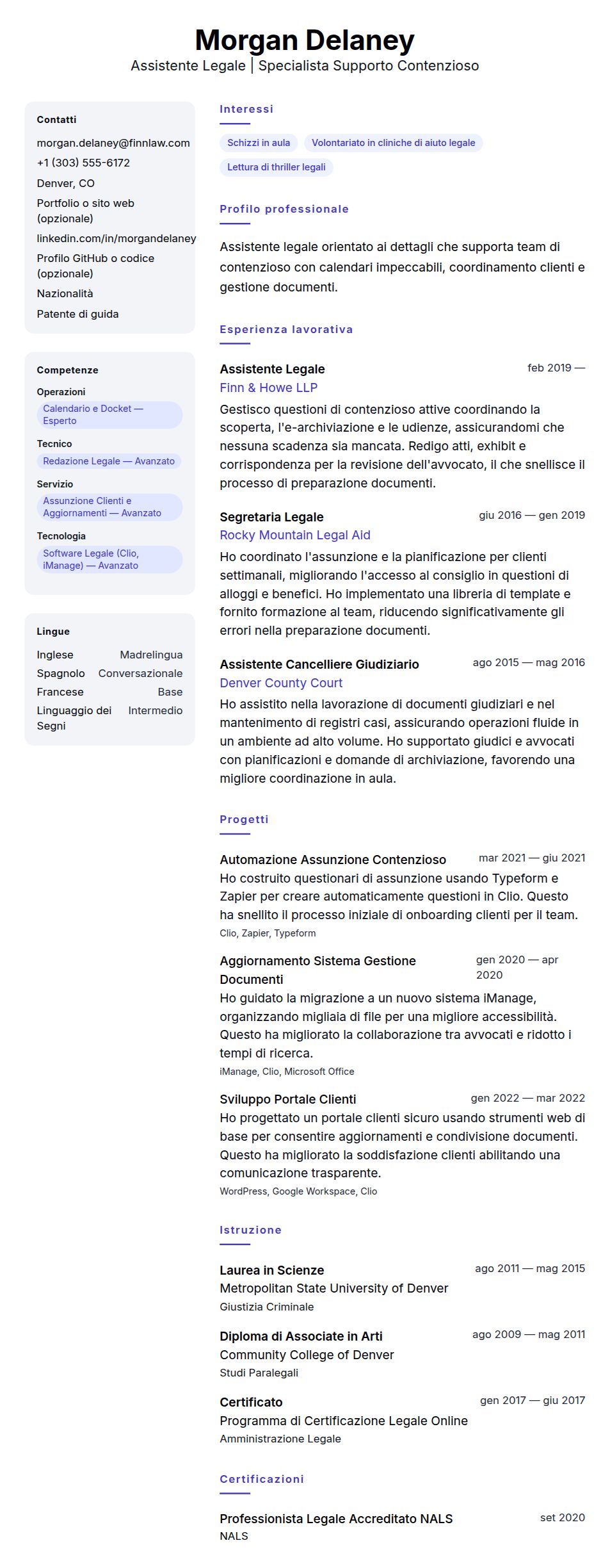 Anteprima del curriculum Esempio di Curriculum per Assistente Legale