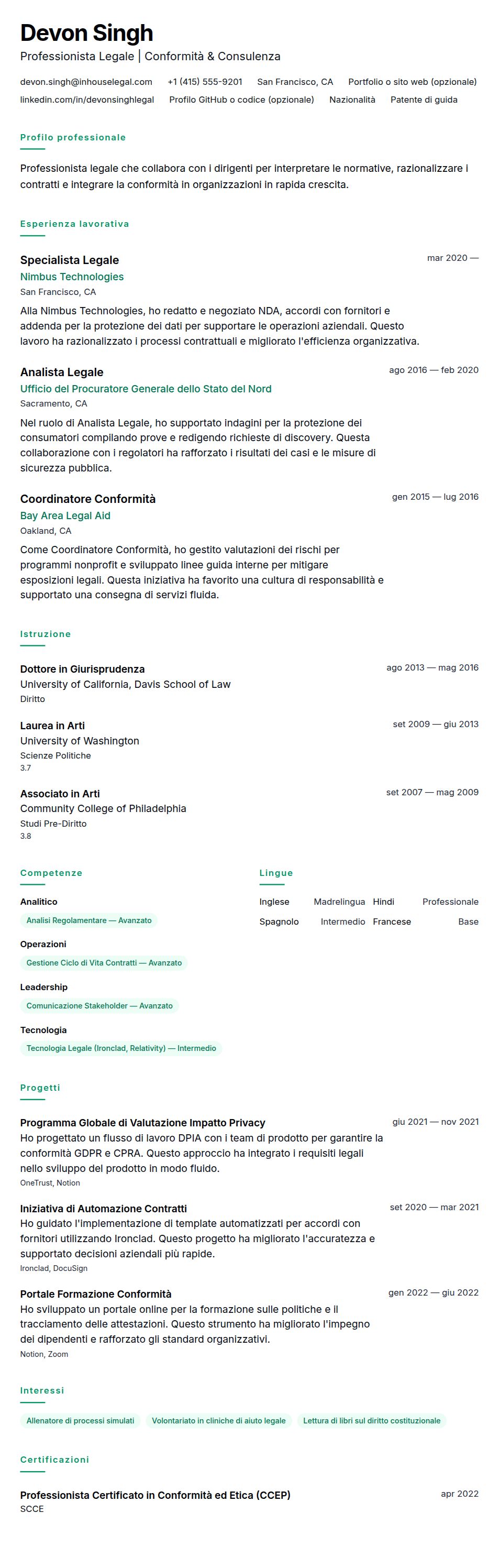 Anteprima del curriculum Esempio di Curriculum Vitae per Professionista Legale
