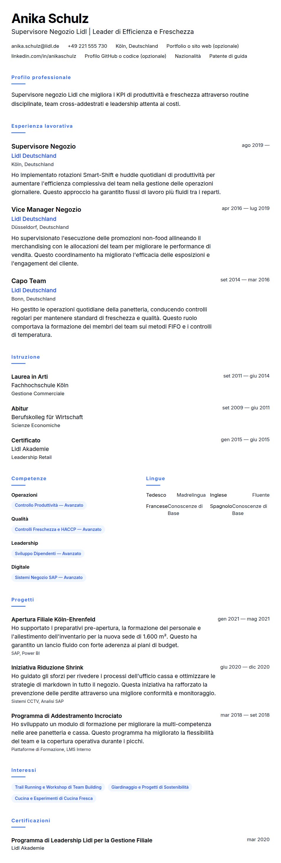 Anteprima del curriculum Esempio di Curriculum Supervisore Negozio Lidl