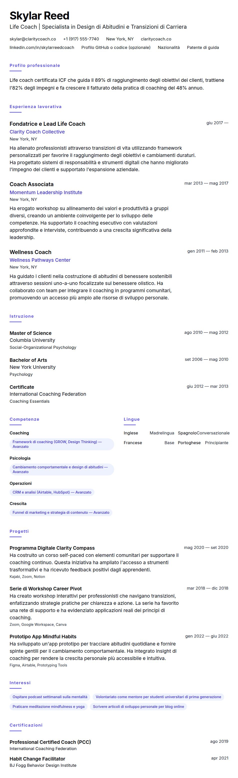 Anteprima del curriculum Esempio di Curriculum Vitae per Life Coach