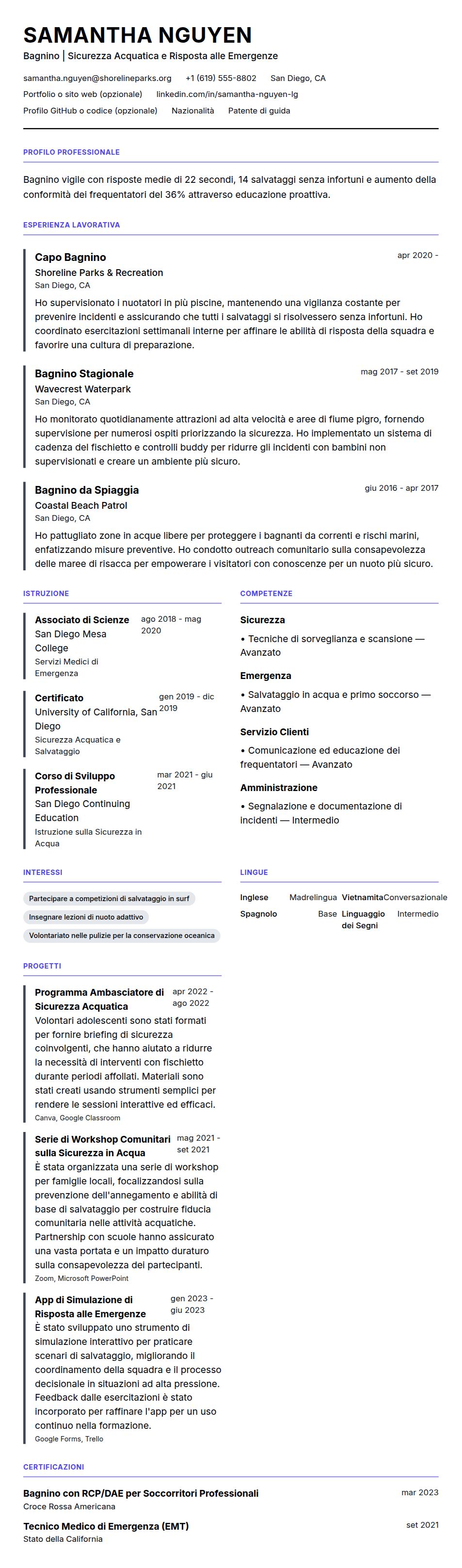 Anteprima del curriculum Esempio di Curriculum Vitae per Bagnino