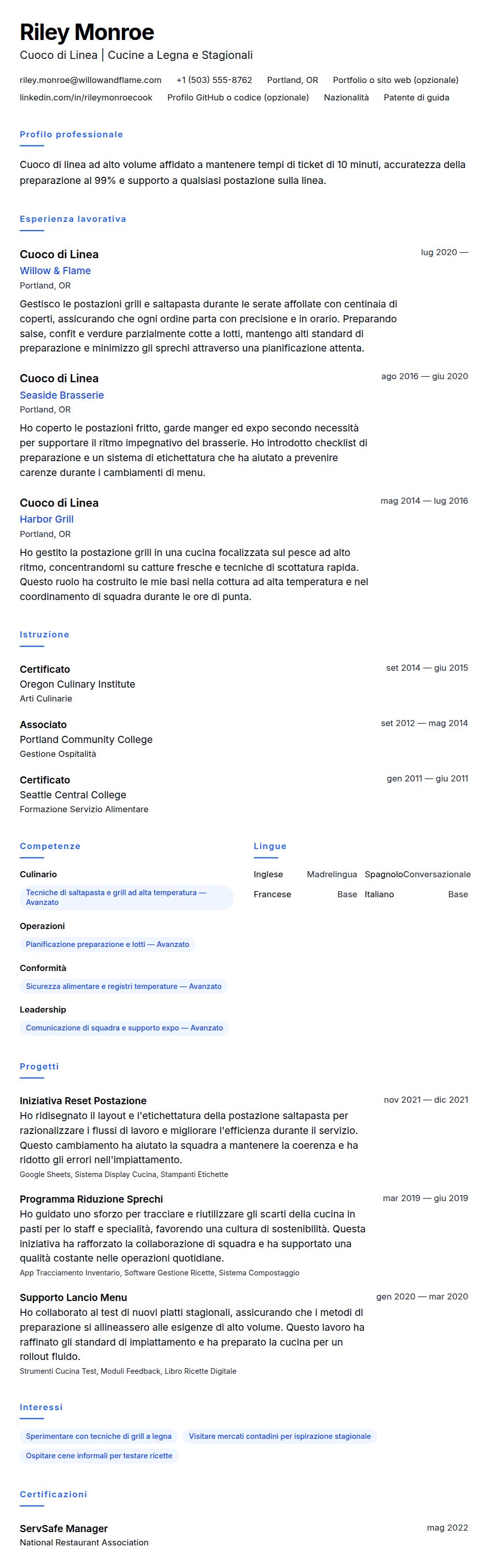 Anteprima del curriculum Esempio di Curriculum Cuoco di Linea