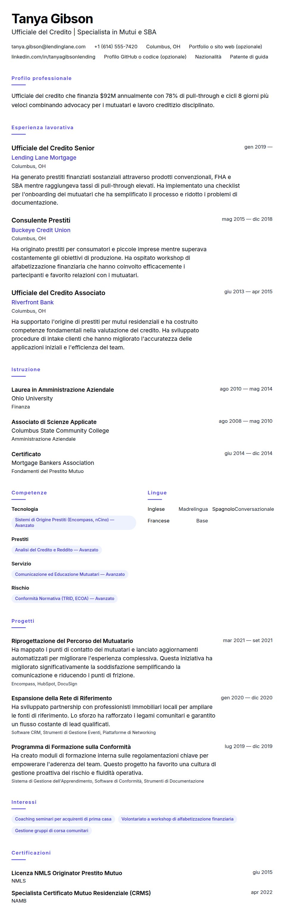 Anteprima del curriculum Esempio di Curriculum Ufficiale del Credito