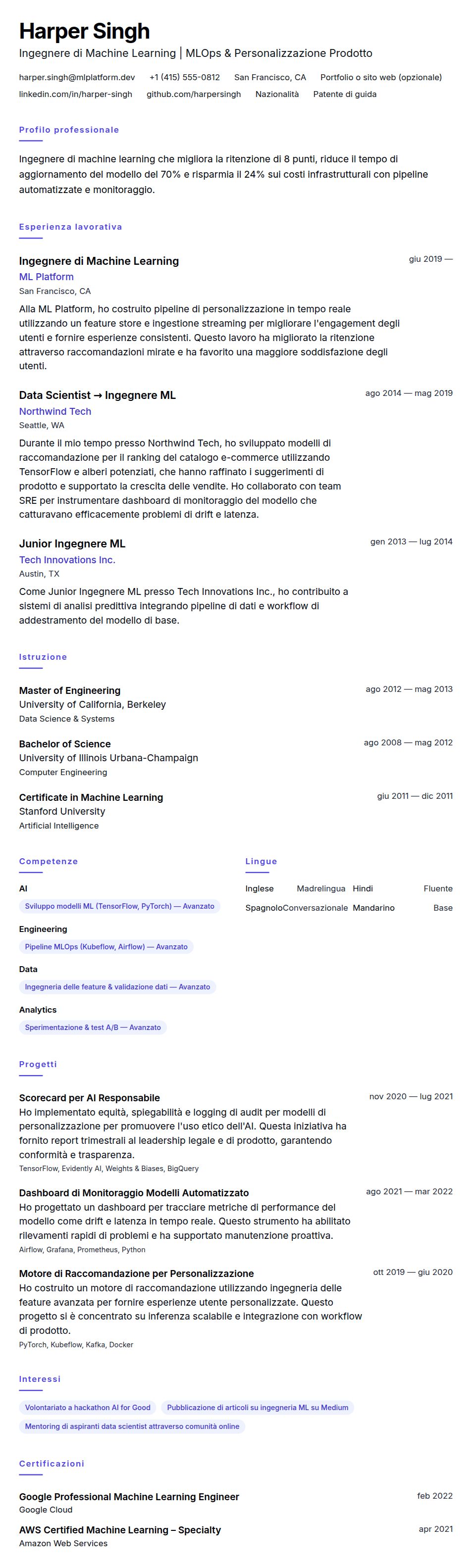 Anteprima del curriculum Esempio di Curriculum Vitae per Ingegnere di Machine Learning