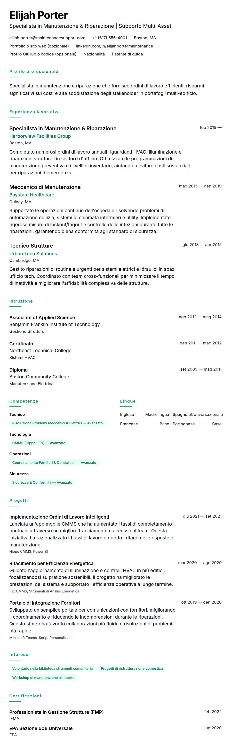 Anteprima del curriculum Esempio di Curriculum Manutenzione & Riparazione
