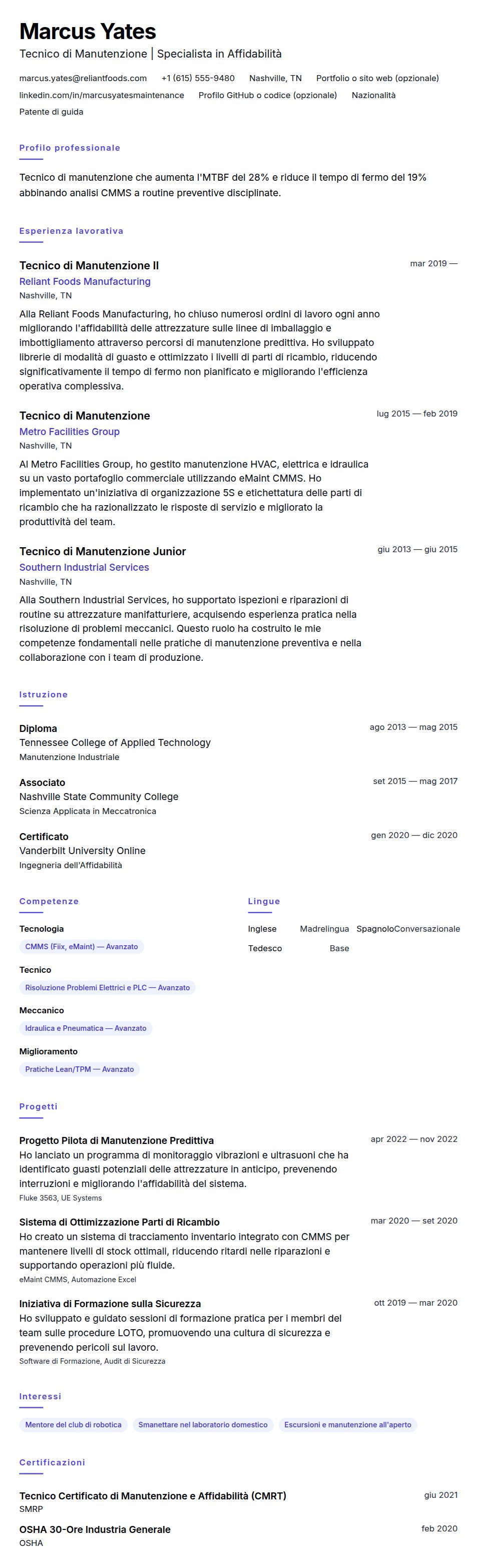 Anteprima del curriculum Esempio di Curriculum Tecnico di Manutenzione