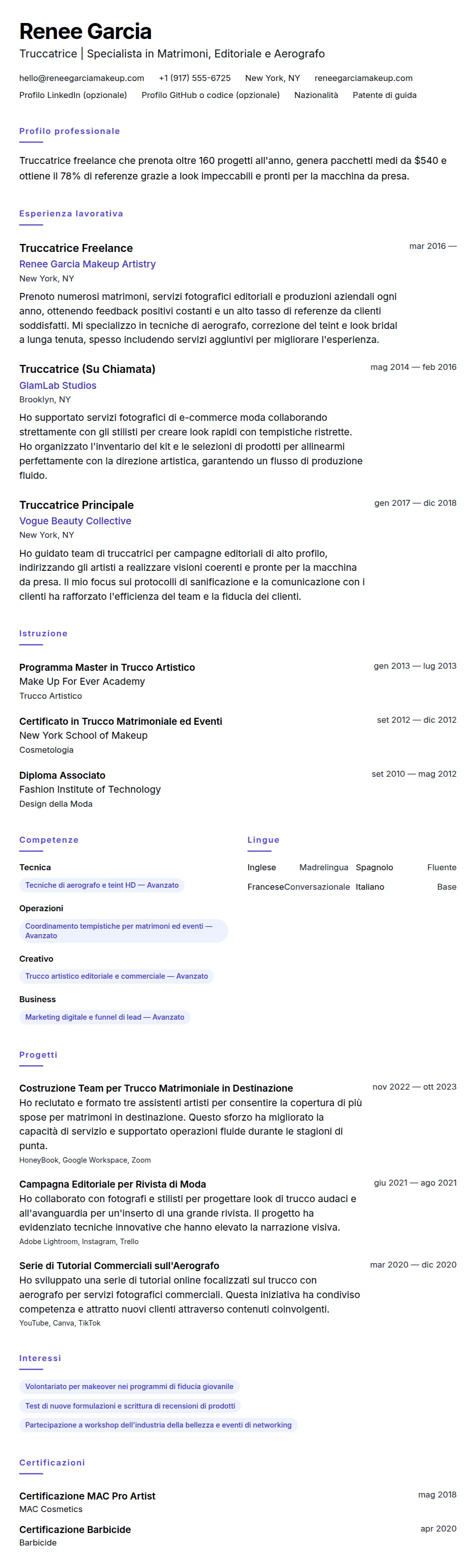 Esempio di Curriculum per Truccatrice