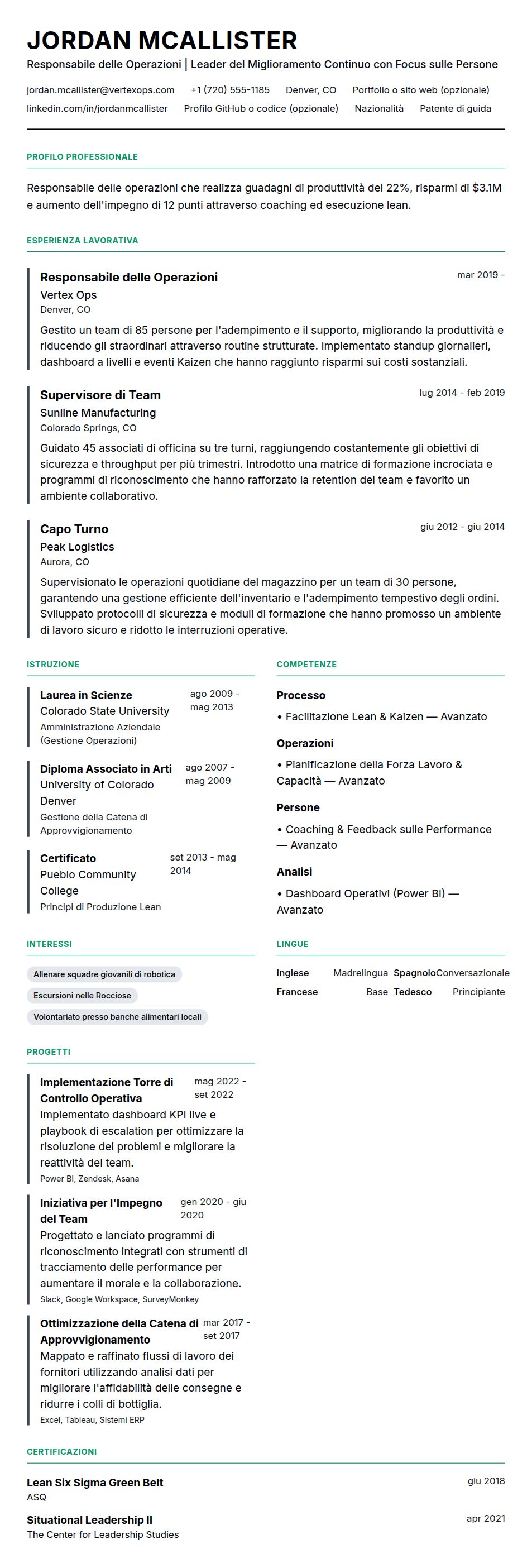 Anteprima del curriculum Esempio di Curriculum Vitae per Responsabile delle Operazioni