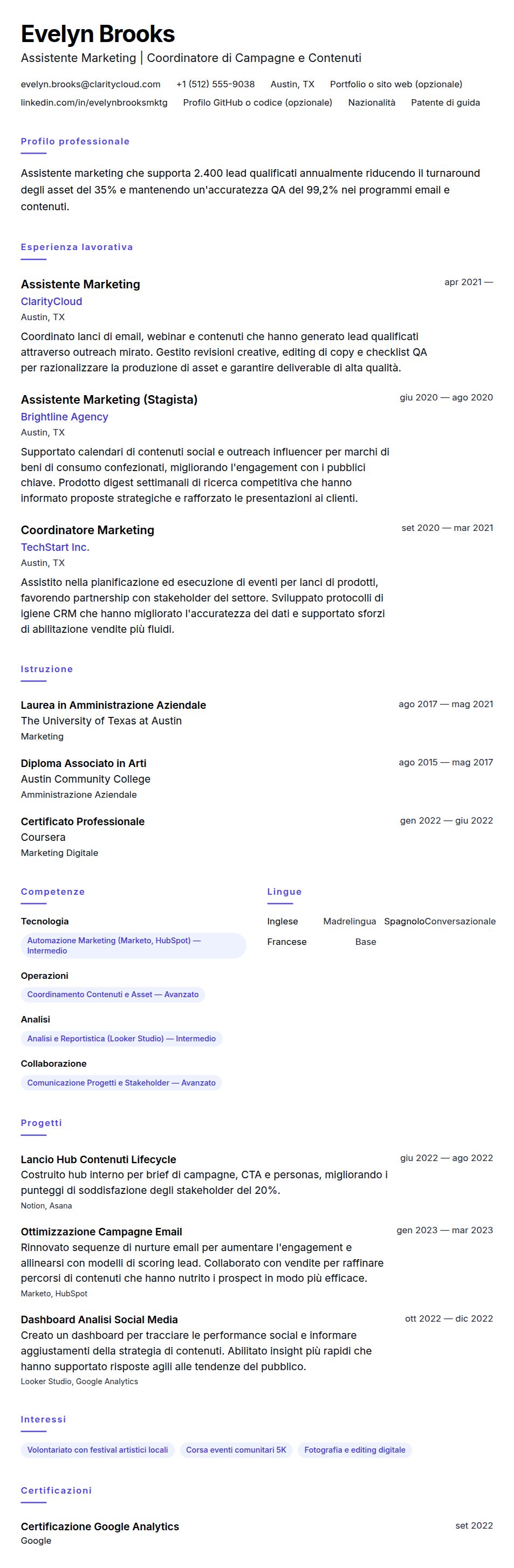 Anteprima del curriculum Esempio di Curriculum per Assistente Marketing