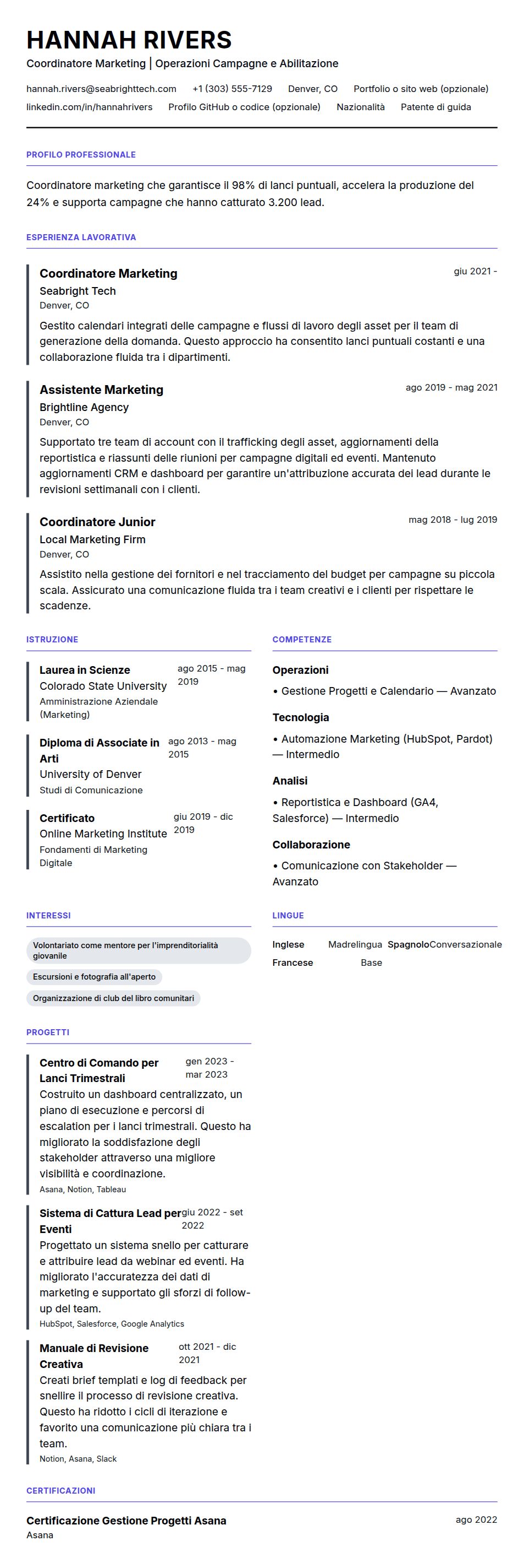 Anteprima del curriculum Esempio di Curriculum Coordinatore Marketing