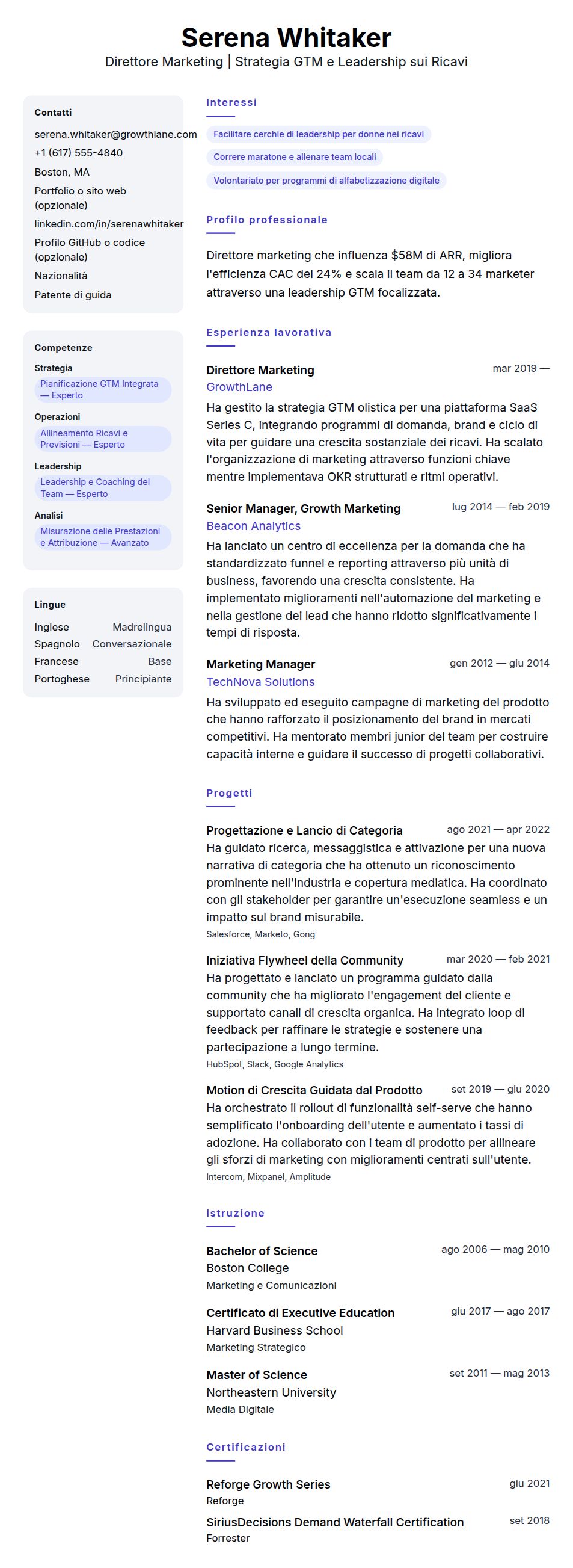 Anteprima del curriculum Esempio di Curriculum Vitae per Direttore Marketing