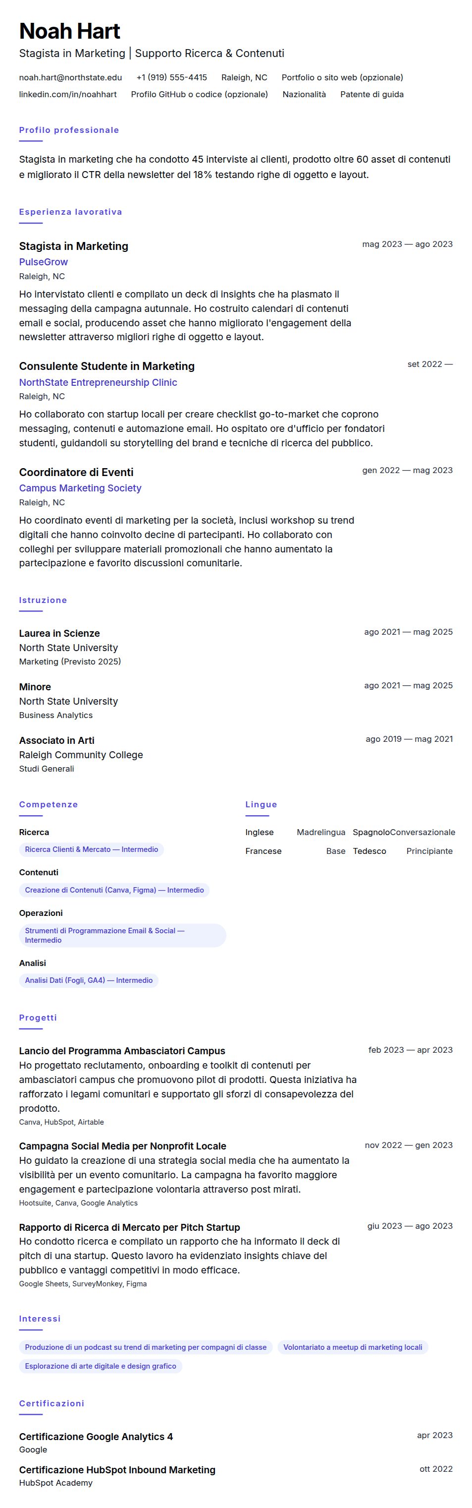 Anteprima del curriculum Esempio di Curriculum per Stagista in Marketing