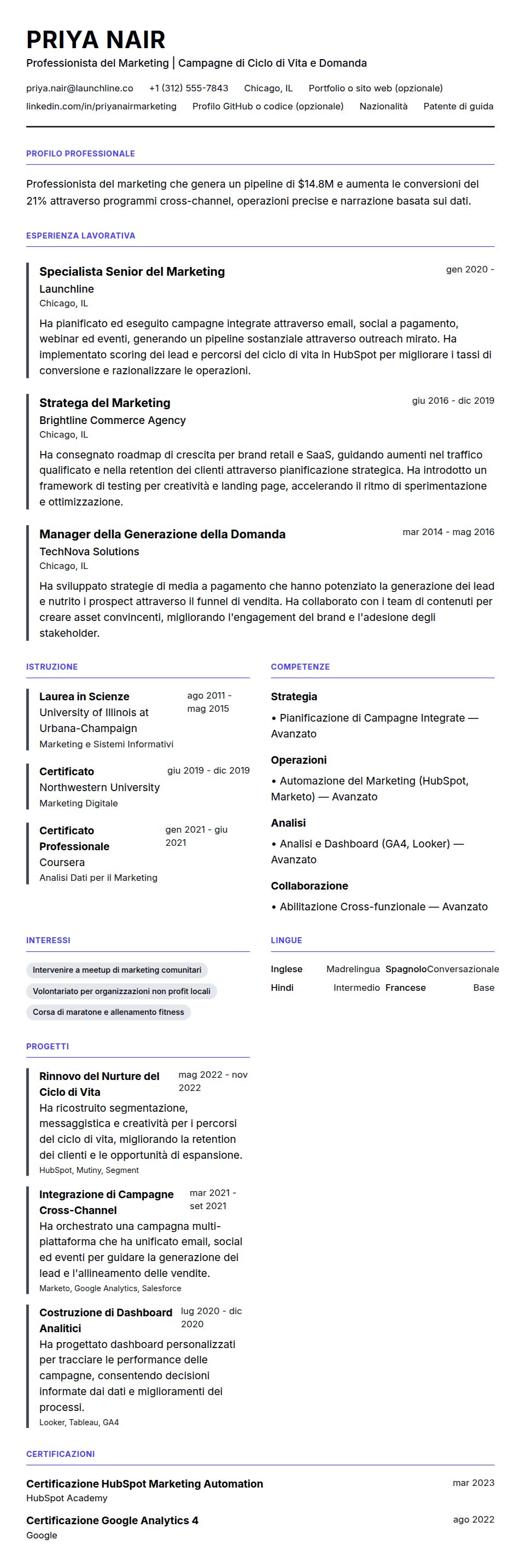Anteprima del curriculum Esempio di Curriculum Vitae per Professionista del Marketing