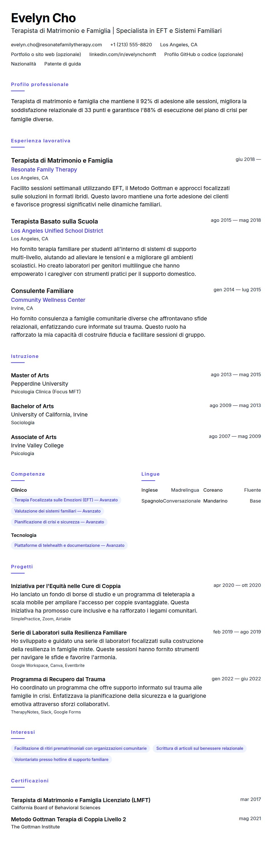 Anteprima del curriculum Esempio di Curriculum Vitae per Terapista di Matrimonio e Famiglia