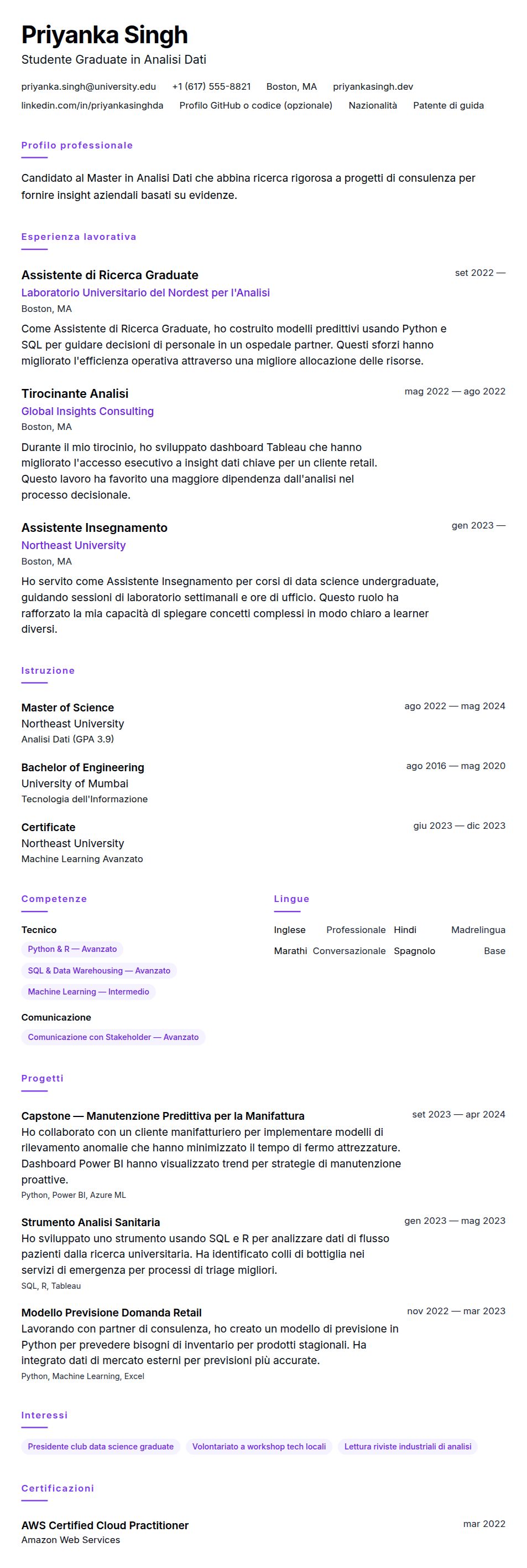 Anteprima del curriculum Esempio di Curriculum Studente Magistrale