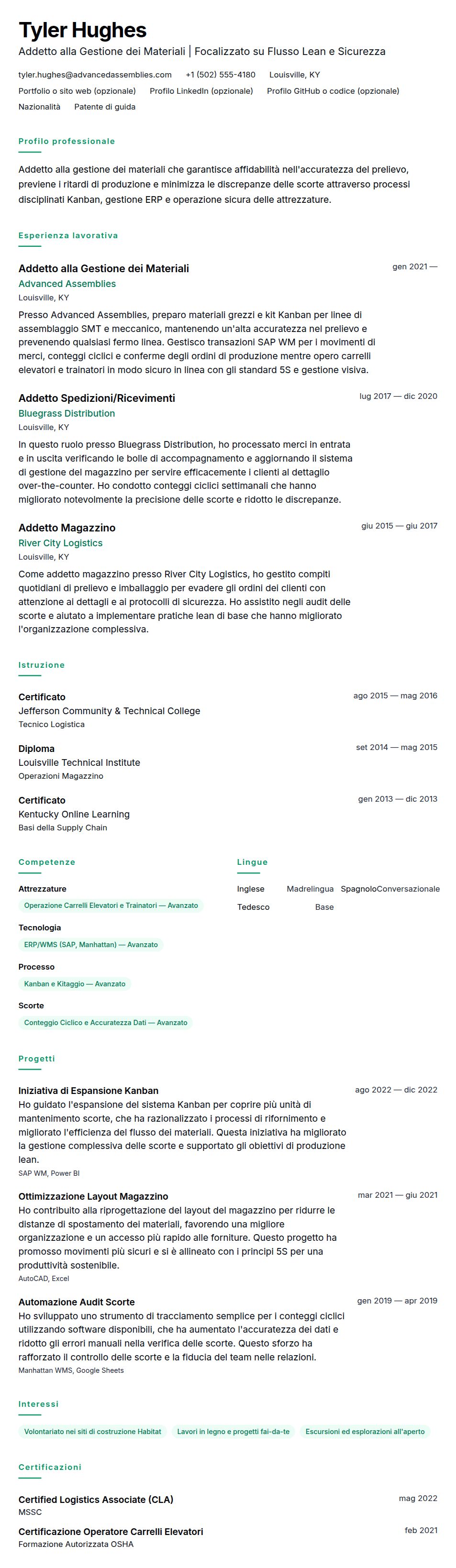 Anteprima del curriculum Esempio di Curriculum per Addetto alla Gestione dei Materiali