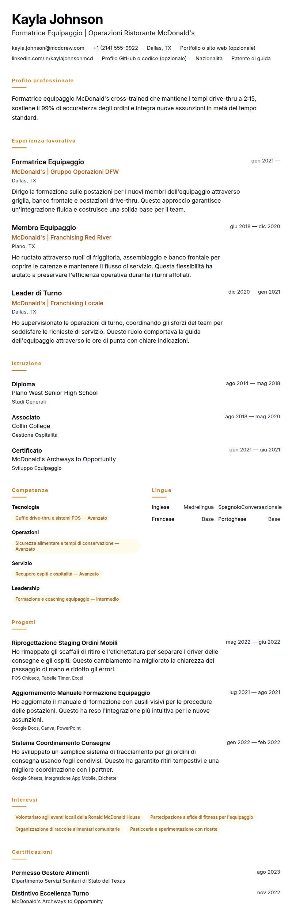 Anteprima del curriculum Esempio di Curriculum per Membro dell'Equipaggio McDonald's