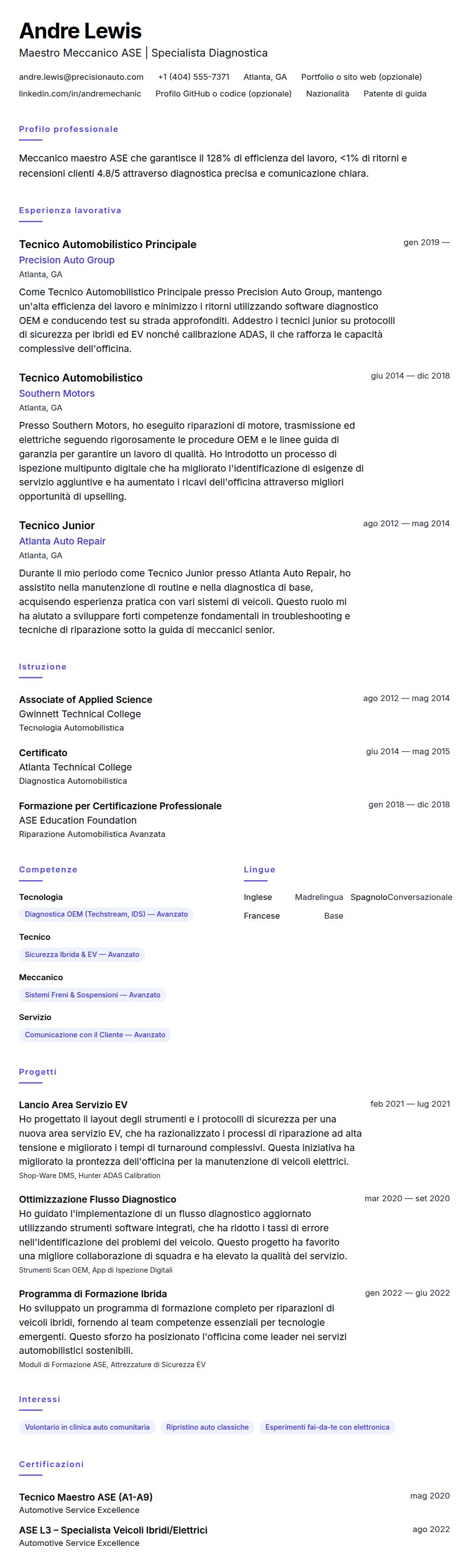 Anteprima del curriculum Esempio di Curriculum Meccanico