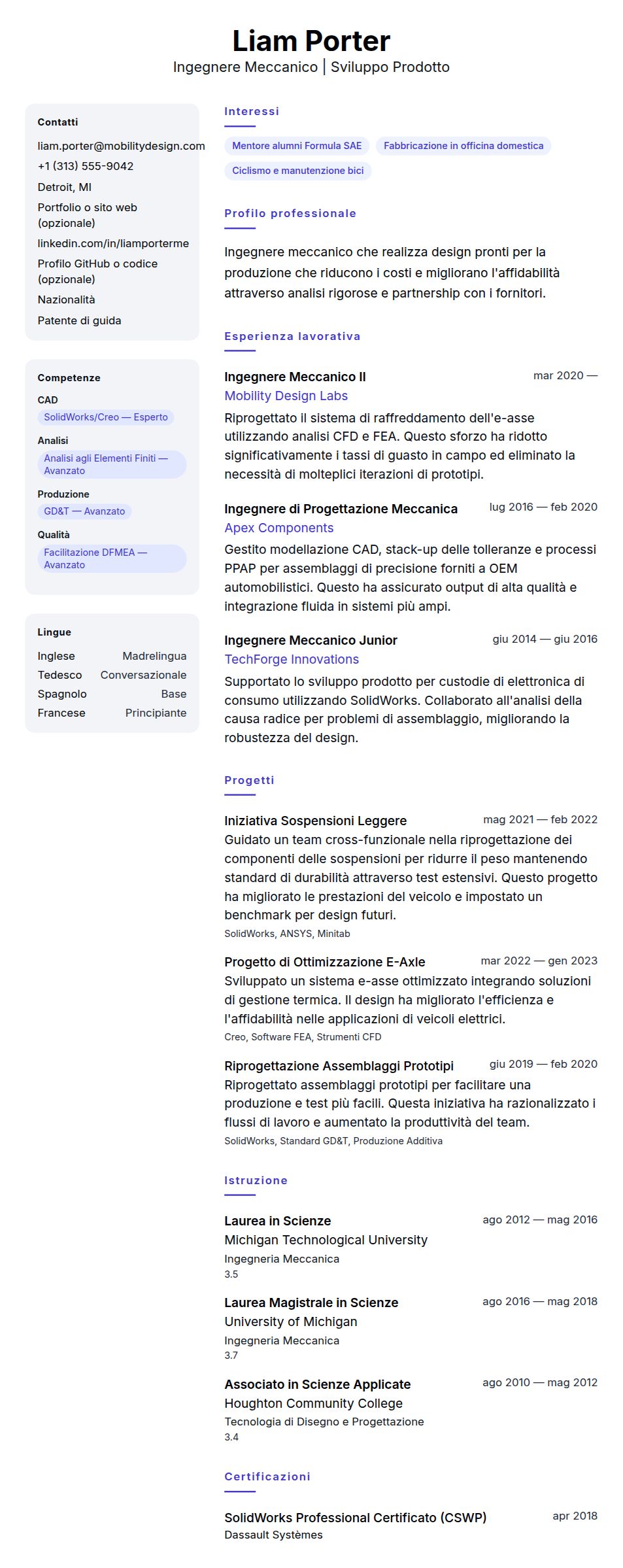 Anteprima del curriculum Esempio di Curriculum Vitae per Ingegnere Meccanico