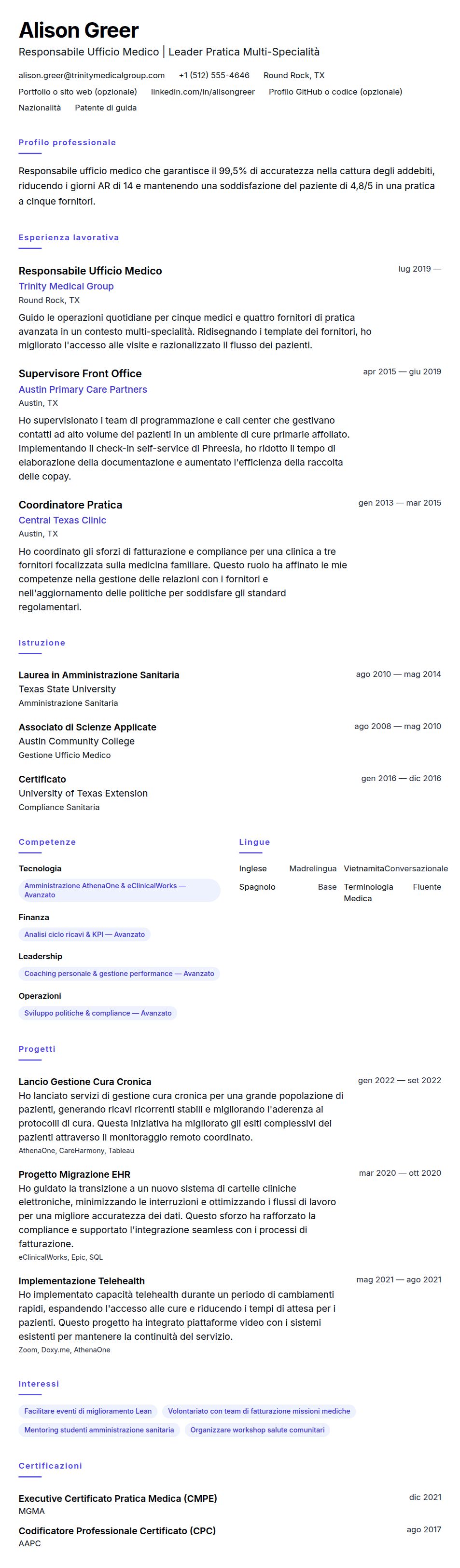 Anteprima del curriculum Esempio di Curriculum Responsabile Ufficio Medico
