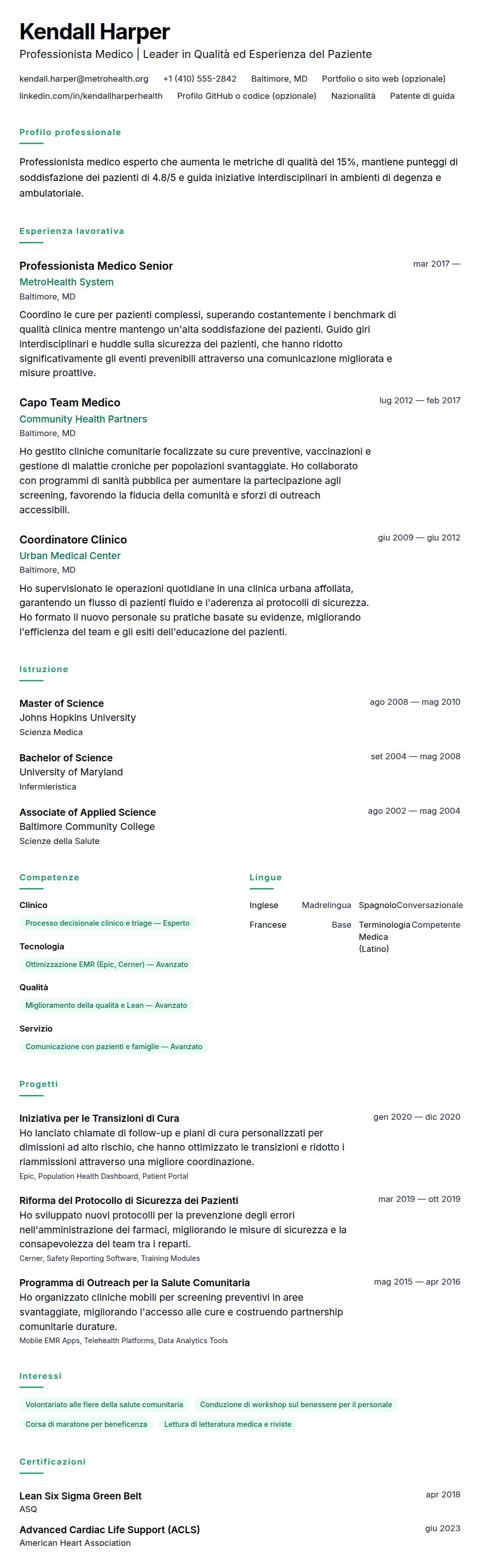 Anteprima del curriculum Esempio di Curriculum Vitae per Professionista Medico