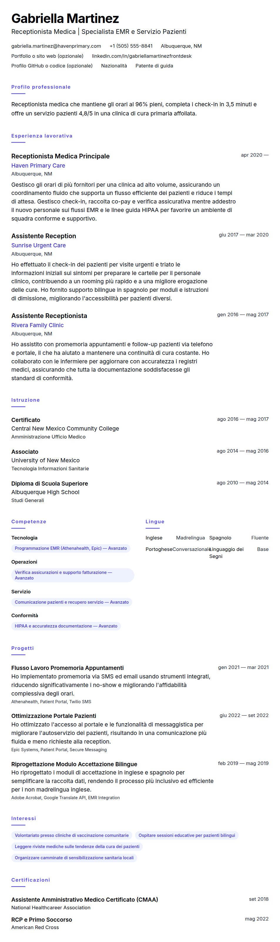 Anteprima del curriculum Esempio di Curriculum Receptionista Medica