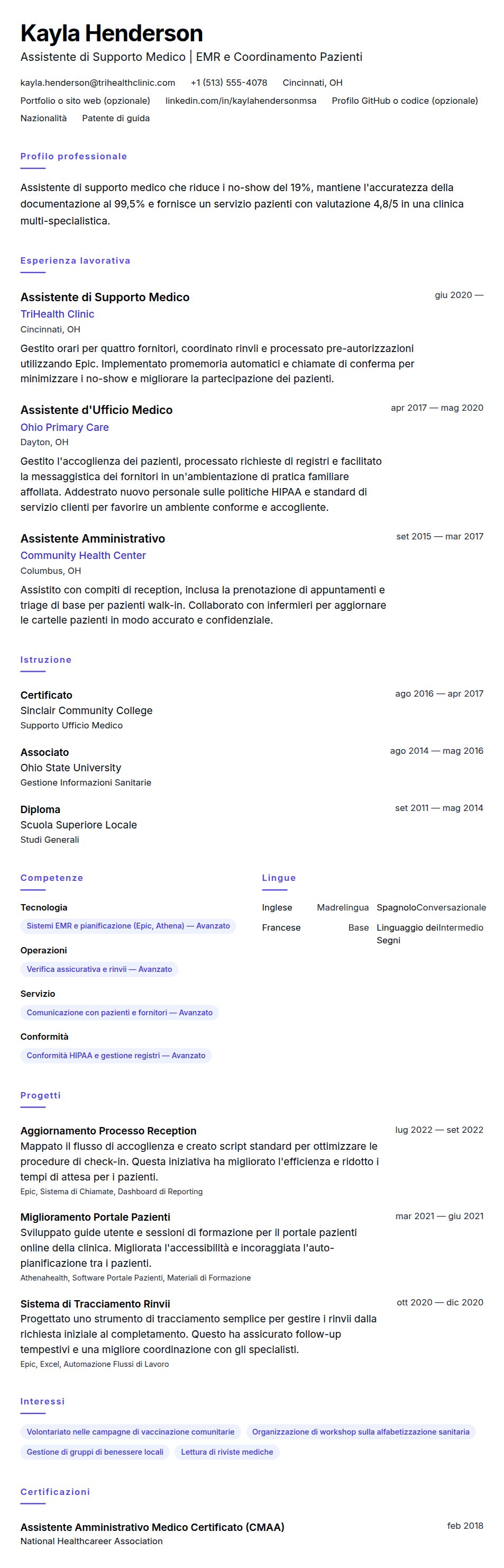 Anteprima del curriculum Esempio di Curriculum per Assistente di Supporto Medico