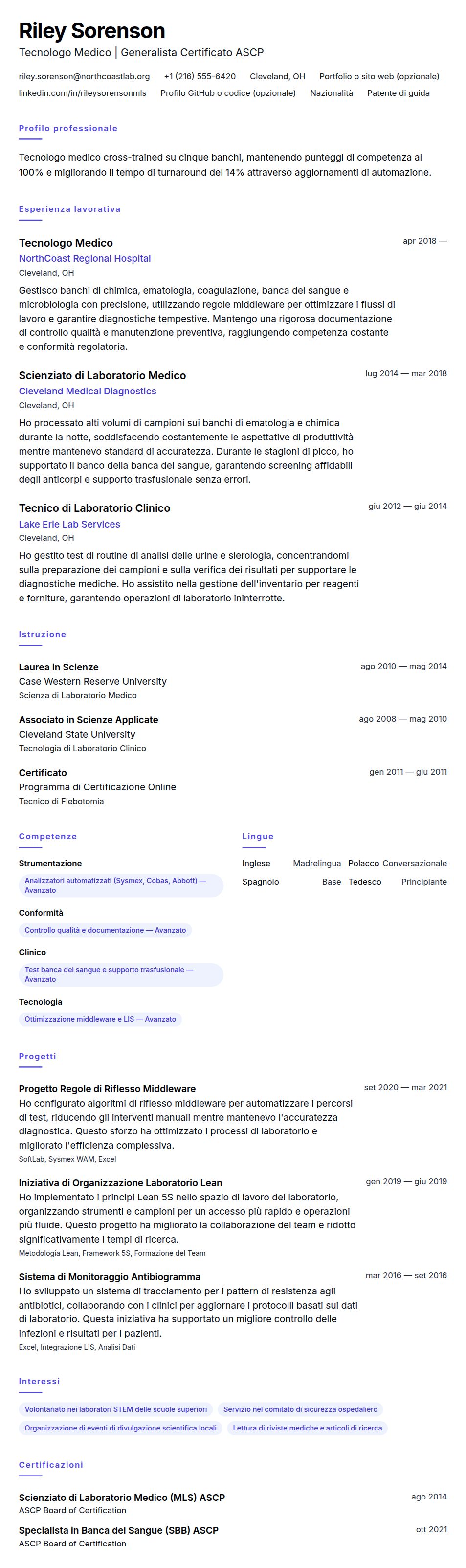 Anteprima del curriculum Esempio di Curriculum Tecnologo Medico