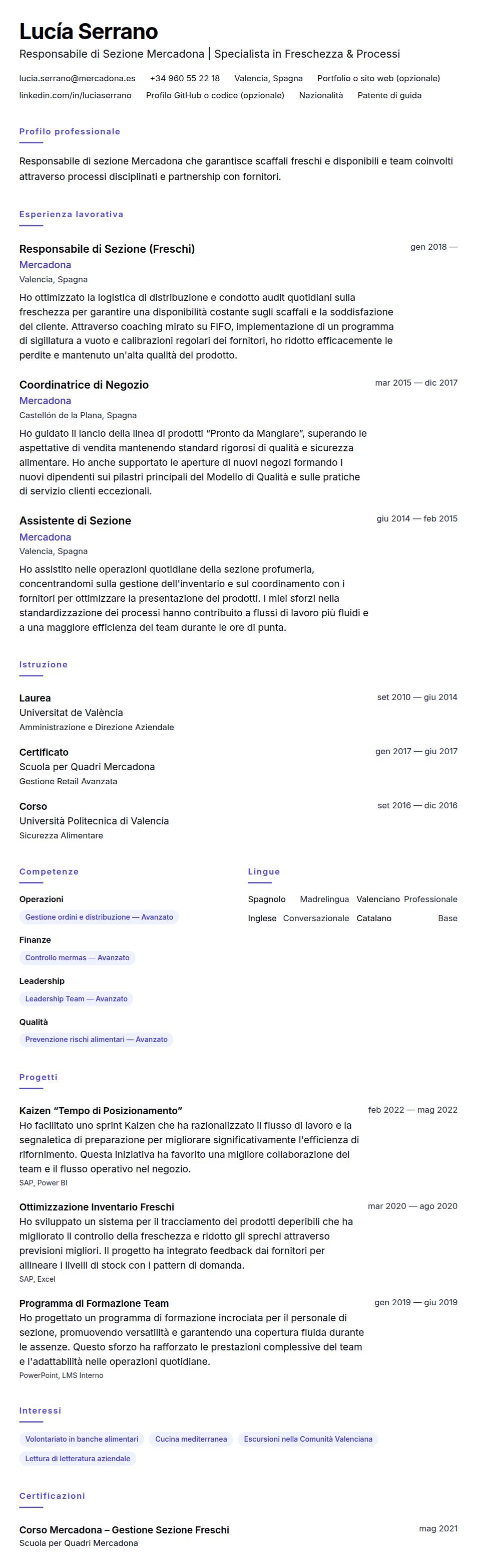 Anteprima del curriculum Esempio di Curriculum Responsabile di Sezione Mercadona