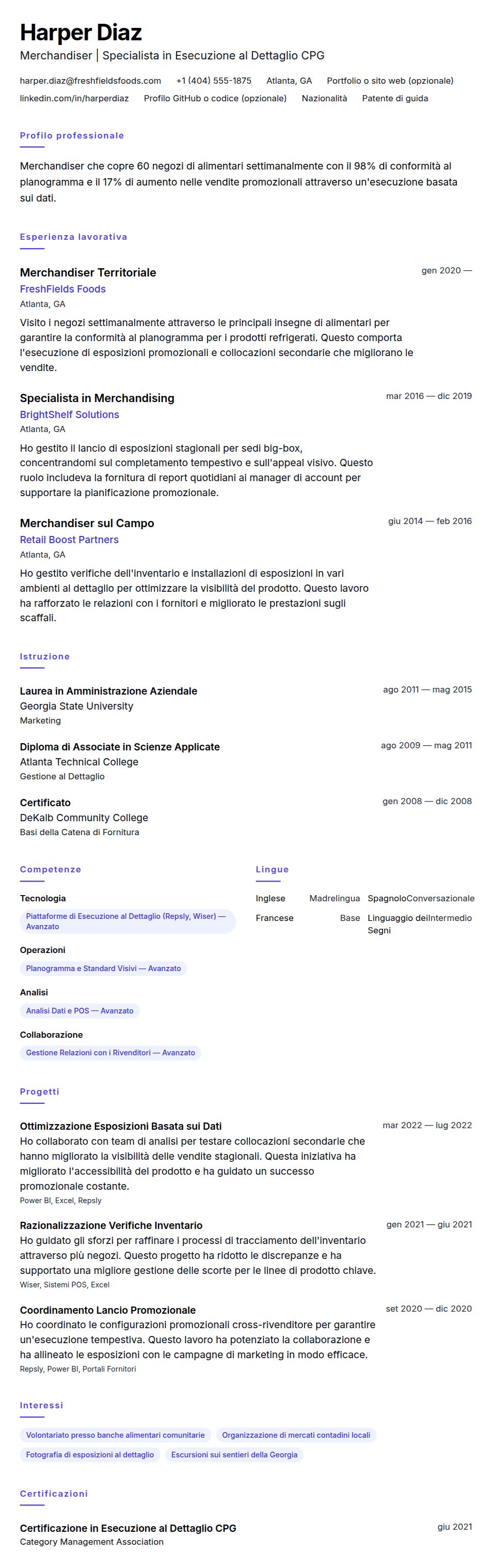 Anteprima del curriculum Esempio di Curriculum Vitae per Merchandiser