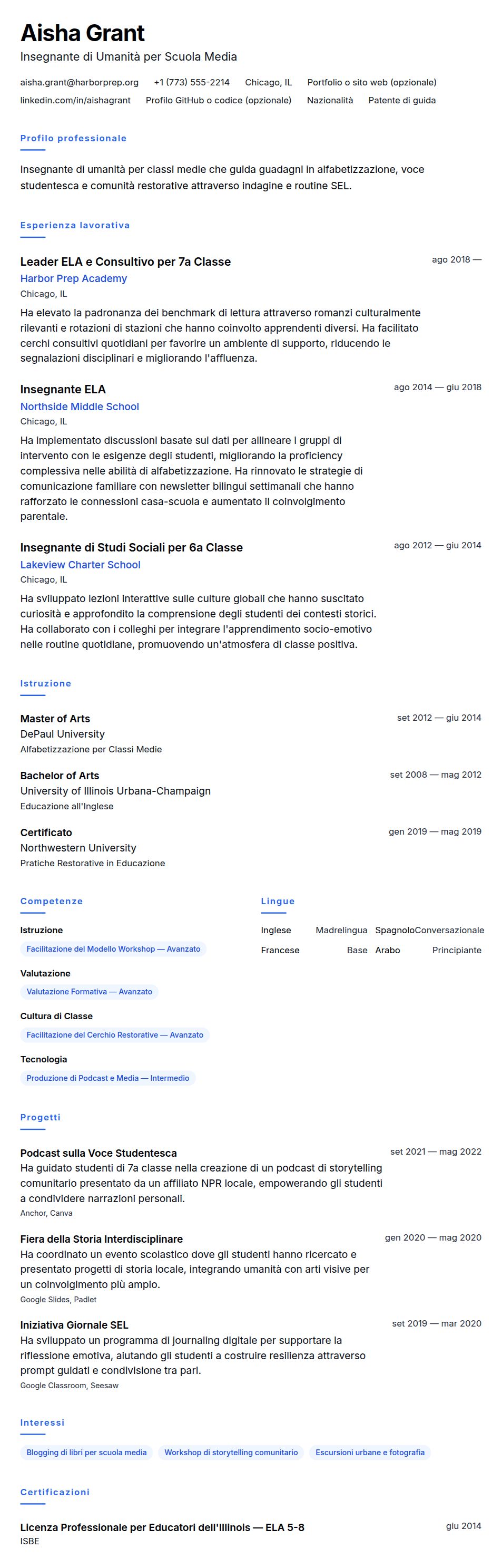 Anteprima del curriculum Esempio di Curriculum Vitae per Insegnante di Scuola Media