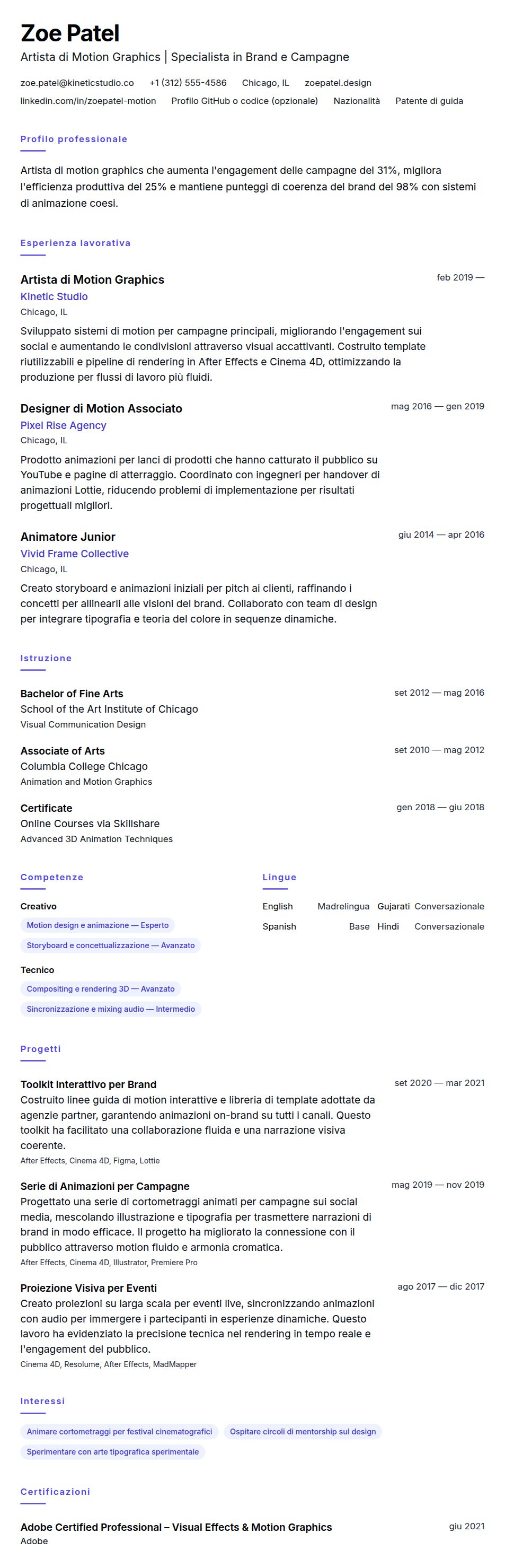 Anteprima del curriculum Esempio di Curriculum per Artista di Motion Graphics