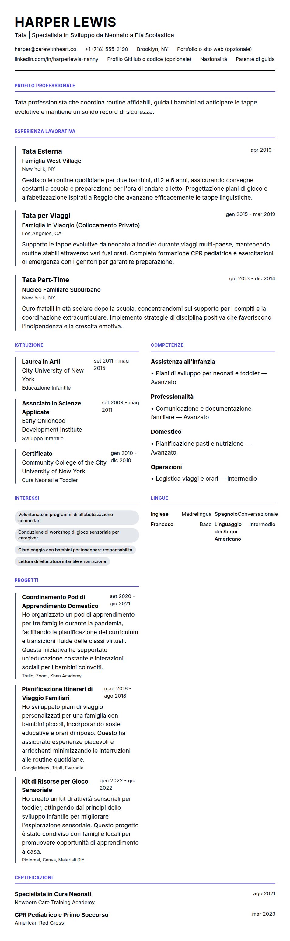 Anteprima del curriculum Esempio di Curriculum Vitae per Tata