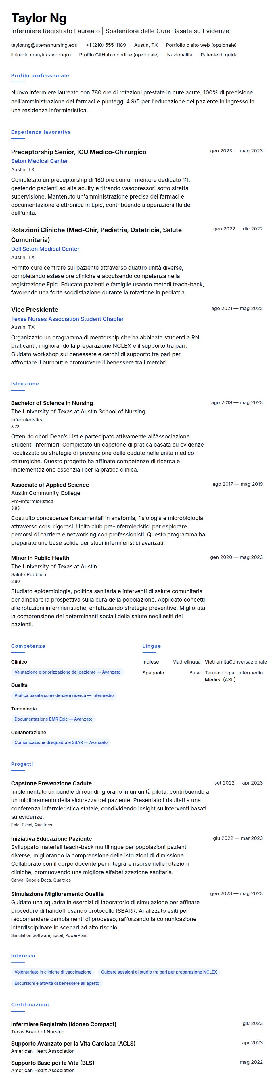 Anteprima del curriculum Esempio di Curriculum Vitae per Nuovo Infermiere Laureato