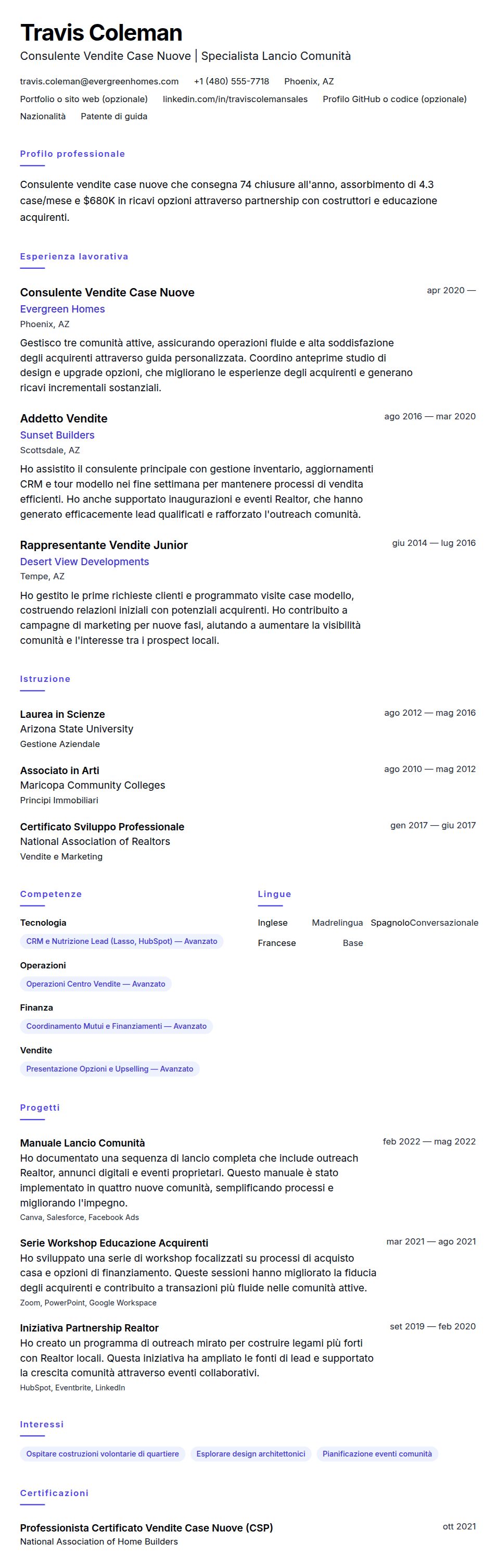 Esempio di Curriculum Consulente Vendite Case Nuove
